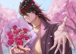  1boy absurdres black_hair black_jacket cherry_blossoms closed_mouth debbie_(debbielu9972) flower hair_over_one_eye highres holding holding_flower jacket long_hair male_focus multicolored_hair nijisanji nijisanji_en pink_flower pink_rose red_hair rose smile solo sweater turtleneck turtleneck_sweater virtual_youtuber vox_akuma yellow_eyes yellow_sweater 