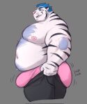  2023 anthro belly big_belly big_butt blue_hair body_hair bottomwear bottomwear_pull bulge butt butt_jiggle clothed clothing clothing_pull english_text facial_hair felid fur genital_outline hair hi_res huge_butt jiggling looking_back lustyshu male mammal meme meme_clothing moobs musclegut muscular_arms nipples obese obese_male onomatopoeia overweight overweight_male pantherine pants pants_pull paul_(lustyshu) penis_outline pink_clothing pink_underwear portrait pulling_up_pants side_view simple_background solo sound_effects striped_body striped_fur stripes text three-quarter_portrait tiger tight_pants_(meme) topless underwear white_body white_fur 