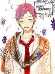  1boy blush closed_eyes collared_shirt commentary dated facing_viewer flower hagiwara_daisuke happy_birthday hori-san_to_miyamura-kun ishikawa_tooru long_sleeves lower_teeth_only male_focus necktie open_mouth plaid plaid_scarf purple_flower purple_hair red_necktie scarf shirt short_bangs short_hair solo teeth upper_body white_background white_shirt 