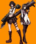  2girls absurdres akemi_homura black_hair blue_eyes boots crossover devil_may_cry_(series) devil_may_cry_3 hairband heterochromia highres holding holding_weapon kekel lady_(devil_may_cry) long_hair long_sleeves looking_at_viewer mahou_shoujo_madoka_magica multiple_girls navel neck_ribbon purple_eyes red_eyes ribbon rocket_launcher shoes short_hair simple_background skirt standing thighhighs weapon 