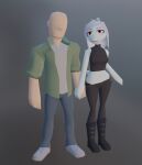  3d_(artwork) anon_(snoot_game) anthro bald blue_body boots clothed clothing digital_media_(artwork) dinosaur duo fang_(gvh) featureless_face female footwear goodbye_volcano_high hair hand_holding human long_hair low_poly makeup male mammal navel orange_eyes pterodactylus pterosaur reptile scalie silver_hair simple_background snoot_game_(fan_game) standing unknown_artist wings 