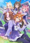  5girls :d admire_vega_(umamusume) ahoge animal_ears arm_support arm_up black_pantyhose blue_sky blush bow breasts brown_eyes brown_hair closed_mouth cloud crown day dutch_angle ears_down forehead grin hair_between_eyes hairband hand_on_another&#039;s_shoulder haru_urara_(umamusume) highres horse_ears horse_girl horse_tail large_breasts long_sleeves looking_at_viewer meisho_doto_(umamusume) mini_crown multicolored_hair multiple_girls nabe_puyo narita_top_road_(umamusume) on_grass outdoors pantyhose parted_bangs pink_hair pink_hairband pleated_skirt ponytail puffy_long_sleeves puffy_sleeves purple_eyes purple_shirt purple_skirt school_uniform shirt sitting skirt sky smile standing t.m._opera_o_(umamusume) tail tilted_headwear tracen_school_uniform two-tone_hair umamusume white_bow white_hair 