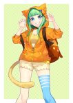  1girl animal_hood backpack bag black_choker blue_eyes bon_(bonbon315) bra cat_girl cat_tail choker claw_pose clenched_teeth drawstring earrings green_hair hands_up highres hood hoodie jewelry long_sleeves orange_hoodie original short_shorts shorts single_earring single_thighhigh smile star_(symbol) tail teeth thighhighs underwear yellow_shorts zipper_pull_tab 