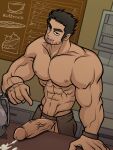  1boy abs apron bara barista beard_stubble bidbrok black_hair brown_apron cafe come_hither counter cum cumdrip girthy_penis half-erect head_tilt highres huge_eyebrows large_hands large_pectorals long_sideburns looking_at_viewer lucas_lee male_focus menu_board muscular muscular_male naked_apron on_table pectorals penis pointing_at_penis scott_pilgrim_takes_off seductive_smile short_hair sideburns smile solo table uncensored v-taper 