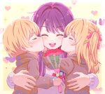  1boy 2girls blonde_hair blush bouquet brother_and_sister child closed_eyes commentary family hair_ribbon heart holding holding_bouquet hoshino_ai_(oshi_no_ko) hoshino_aquamarine hoshino_ruby kiss long_hair mother&#039;s_day mother_and_daughter mother_and_son multiple_girls murabitot one_side_up open_mouth oshi_no_ko pink_ribbon purple_hair red_ribbon ribbon short_hair siblings twins 
