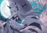  1girl animal_ears azur_lane blue_eyes cherry_blossoms fox_ears fox_girl full_moon gloves highres holding holding_umbrella japanese_clothes kawakaze_(azur_lane) long_hair looking_at_viewer moon night night_sky oil-paper_umbrella outdoors sky solo star_(sky) starry_sky tail umbrella white_hair wide_sleeves yukishiro_haku 