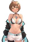  1girl absurdres ahoge asymmetrical_legwear b1ack_illust bikini bikini_top_only blush braid breasts brown_hair cleavage collarbone commentary_request commission dance_on_the_galaxy_(idolmaster) green_eyes highres idolmaster idolmaster_million_live! idolmaster_million_live!_theater_days jacket jacket_partially_removed large_breasts looking_at_viewer multicolored_clothes multicolored_jacket navel pixiv_commission sakuramori_kaori shorts simple_background solo stomach swimsuit two-tone_jacket white_shorts 