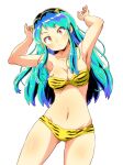  1girl absurdres animal_print aono3 armpits arms_up bare_shoulders bikini breasts cleavage closed_mouth cowboy_shot fur_bikini green_hair groin head_tilt highres horns long_hair looking_at_viewer lum medium_breasts navel oni_horns original pointy_ears print_bikini simple_background solo standing strapless strapless_bikini swimsuit tiger_print white_background yellow_bikini yellow_eyes 