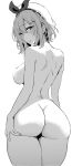  1girl absurdres ass atelier_(series) atelier_ryza atelier_ryza_1 beret blush breasts completely_nude from_behind greyscale hair_ornament hairclip hat highres looking_at_viewer looking_back medium_breasts monochrome nude ossou_rocket reisalin_stout short_hair sideboob solo thighs 