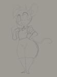  2023 anthro biped bottomwear breasts buckteeth clothed clothing digital_drawing_(artwork) digital_media_(artwork) female fingers freckles fur grey_background greyscale hair mammal mia_mouse monochrome mouse murid murine rodent simple_background sketch small_breasts solo tail teeth topwear zinnthos 