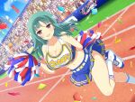  1girl arm_behind_back armband audience bare_hips bare_legs bare_shoulders bashou_(senran_kagura) belt belt_buckle blue_armband blue_skirt blue_sky blunt_bangs blush breasts buckle cheering cheerleader cleavage cloud collarbone confetti crowd day emblem flag grass green_hair highres holding holding_pom_poms huge_breasts large_breasts legs lens_flare light_particles looking_at_viewer medium_hair midriff miniskirt navel official_alternate_costume official_art open_mouth outdoors people pleated_skirt pom_pom_(cheerleading) purple_eyes running_track senran_kagura senran_kagura_new_link senran_kagura_new_wave shiny_skin shoes short_hair skirt sky smile sneakers socks solo_focus sparkle stadium standing standing_on_one_leg sweat thighs uniform water water_drop white_belt white_socks yaegashi_nan 
