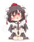  ... 1girl :d absurdres black_hair black_necktie black_skirt black_socks black_wings blush chibi collared_shirt colored_shadow dress_shirt feathered_wings frilled_skirt frills full_body hair_between_eyes hands_on_lap hat head_tilt highres looking_at_viewer mini_hat necktie no_shoes nose_blush own_hands_together pleated_skirt puffy_short_sleeves puffy_sleeves red_eyes red_headwear shadow shameimaru_aya shirt short_sleeves simple_background sitting skirt smile socks solo spoken_ellipsis sweat tokin_hat totoharu_(kujirai_minato) touhou wariza white_background white_shirt wings 