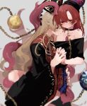  2girls ayahi_4 bare_shoulders black_nails blonde_hair blush breasts chain cleavage collar collarbone earth_(ornament) gold_chain grey_background hand_on_another&#039;s_waist hand_up hecatia_lapislazuli highres interlocked_fingers junko_(touhou) licking_another&#039;s_neck long_hair looking_at_another medium_breasts moon_(ornament) multiple_girls nail_polish off-shoulder_shirt off_shoulder phoenix_crown polos_crown profile red_eyes red_hair red_nails shirt simple_background touhou very_long_hair yuri 