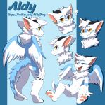  absurd_res aldy_(aldyderg) anthro dragon feathered_wings feathers fur furred_dragon hi_res horn kuttoyaki male model_sheet multiple_poses open_mouth pawpads pose simple_background sitting solo standing wings yellow_sclera 