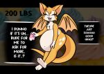  anthro bat belly big_belly cupcake dialogue dust:_an_elysian_tail eating eyes_closed fangs female fidget_(elysian_tail) food fur growth_drive mammal navel nimbat open_mouth orange_body orange_fur pompuffy_(artist) smile solo stuffing tail teeth text weight_gain white_body white_fur wings 