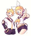  1boy 1girl :d ;d absurdres belt black_shorts blonde_hair blue_eyes bow brother_and_sister cropped_legs gogatsu_no_renkyuu hair_bow hair_ornament hairclip hand_on_own_hip headphones headset highres kagamine_len kagamine_rin looking_at_viewer midriff_peek neckerchief necktie one_eye_closed open_mouth pointing pointing_at_viewer sailor_collar shirt short_hair short_shorts short_sleeves shorts siblings simple_background sleeveless sleeveless_shirt smile twins vocaloid white_background white_bow white_shirt yellow_neckerchief yellow_necktie 