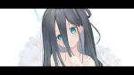  1girl absurdres aqua_eyes aris_(blue_archive) black_hair blue_archive blue_halo closed_mouth commentary_request flower hair_between_eyes halo highres letterboxed looking_at_viewer side_ponytail simple_background solo tachibana_shiori_(suica_112) upper_body white_background white_flower 