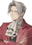  1boy ace_attorney ascot black_vest closed_mouth crossed_arms frown grey_eyes grey_hair jacket kadeart long_sleeves male_focus miles_edgeworth red_jacket shirt signature simple_background solo upper_body vest white_ascot white_shirt 