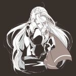  1girl ascot black_background blonde_hair cape closed_eyes commentary edelgard_von_hresvelg fire_emblem fire_emblem:_three_houses floating_hair garreg_mach_monastery_uniform hands_on_own_face inktober krazehkai long_hair monochrome simple_background solo upper_body 