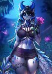  anthro blue_eyes claws clothed clothing dragon female finger_claws flower grey_body hi_res horn looking_at_viewer plant solo tail yasmil 
