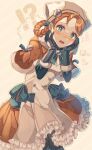  !? 1girl annette_fantine_dominic blue_eyes blush braid breasts cleavage cloak cowboy_shot embarrassed fire_emblem fire_emblem:_three_houses fire_emblem_warriors:_three_hopes hands_on_own_face highres leaning_forward long_sleeves looking_at_viewer looped_braids medium_breasts official_alternate_costume official_alternate_hairstyle open_mouth simple_background smd_dms solo standing twin_braids 
