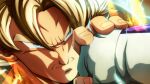  2boys blonde_hair blue_eyes broonoart close-up commentary dragon_ball dragon_ball_z electricity english_commentary frieza highres male_focus multiple_boys punch_catch punching serious son_goku super_saiyan super_saiyan_1 