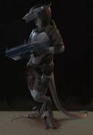  2018 akrolayn anthro armor black_background black_sclera bottomwear clothing digital_media_(artwork) digital_painting_(artwork) full-length_portrait gun hair hi_res holding_gun holding_object holding_weapon light lighting male metal portrait ranged_weapon sergal shaded shorts simple_background solo standing tail three-quarter_view weapon yellow_eyes 
