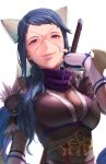  1girl aduti_momoyama armor blue_hair breasts cross_scar fire_emblem fire_emblem_fates fire_emblem_heroes highres japanese_armor japanese_clothes large_breasts looking_at_viewer official_alternate_costume purple_eyes reina_(fire_emblem) reina_(ninja)_(fire_emblem) scar scar_on_face smile solo upper_body 
