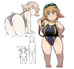  1boy 1girl animal_ear_fluff animal_ears ass bent_over blue_eyes blush breasts brown_hair cameltoe chibi double_bun dwarf ears_down extra_ears geso_smith goggles goggles_on_head hair_bun height_chart height_difference highres large_breasts looking_at_viewer one-piece_swimsuit original partially_submerged shortstack simple_background smile swim_cap swimsuit thighs water wet white_background 