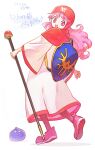  1girl backpack bag curly_hair dragon_quest dragon_quest_ii full_body holding holding_staff hood long_sleeves looking_at_another looking_back looking_up monster open_mouth pink_eyes pink_footwear princess princess_of_moonbrook purple_hair red_headwear red_hood robe shield shield_on_back shoes slime_(dragon_quest) smile sneakers socks staff standing standing_on_one_leg translation_request white_background white_robe wide_sleeves yuza 