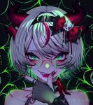  1girl ark_evil02 black_gloves black_headband blood blood_on_face bow bsapricot_(vtuber) bsapricot_(vtuber)_(9th_costume) colored_inner_hair demon_girl demon_horns dress fangs fingerless_gloves gloves green_eyes green_hair hair_bow headband highres horns jewelry looking_at_viewer medium_hair multicolored_hair nail_polish red_bow red_nails ring sleeveless sleeveless_dress slit_pupils smile solo virtual_youtuber vshojo 