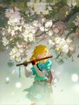  1boy absurdres blue_tunic closed_eyes fingerless_gloves flute gloves highres instrument light_brown_hair link music nature petals playing_instrument sheikah_slate solo the_legend_of_zelda the_legend_of_zelda:_breath_of_the_wild tree zzz_(orchid-dale) 