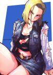  1girl android_18 aosora2823 blonde_hair blue_eyes breasts cleavage denim denim_skirt dragon_ball dragon_ball_(classic) highres looking_at_viewer short_hair skirt thighs torn_clothes 