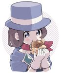  1girl ace_attorney black_dress blue_cape blue_eyes blue_headwear blush brown_hair burger cape dress eating food gloves hat holding holding_food looking_at_viewer minashirazu red_scarf scarf short_hair solo top_hat trucy_wright upper_body white_gloves 