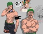  1boy abs armband bara black_armband black_pants closed_eyes crossed_arms derivative_work green_hair highres holding large_pectorals male_focus muscular muscular_male navel nipples one_eye_closed one_piece open_mouth pants pectorals roronoa_zoro sanji_(one_piece) scar scar_across_eye scar_on_chest scar_on_face screencap_redraw shirt short_hair teeth tirtyturtle tony_tony_chopper twitter_username white_shirt 