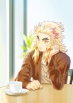  1boy blonde_hair brown_jacket casual closed_mouth collarbone cup dog_tags forked_eyebrows grey_shirt head_rest highres jacket kimetsu_no_yaiba long_hair long_sleeves looking_to_the_side male_focus multicolored_hair open_clothes open_jacket red_hair remsor076 rengoku_kyoujurou shirt sitting smile solo table teacup two-tone_hair upper_body yellow_eyes 