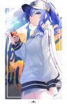  1girl badge baseball_cap blue_eyes blue_hair blue_nails blue_sky border character_name clothes_writing cloud crossed_bangs drawstring drink drinking_straw earrings english_text floral_print glint grin hair_between_eyes hat highres holding holding_drink hololive hood hoodie hoshimachi_suisei jewelry looking_at_viewer nail_polish pig_print sidelocks sky sleeves_past_wrists smile solo star_(symbol) star_in_eye symbol_in_eye takuro_(taku3949) virtual_youtuber white_border white_headwear white_hoodie 