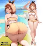  1girl :d all_fours ass atelier_(series) atelier_ryza atelier_ryza_1 bikini black_hairband blue_sky bow_hairband brown_hair crossed_legs from_behind hair_ornament hairband hairpin halterneck highres looking_at_viewer looking_back multiple_views ocean outdoors patreon_username reisalin_stout sandals shore short_hair sky smile swimsuit toes twitter_username watson_cross white_bikini white_footwear yellow_bikini zasshu 