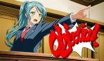  1girl ace_attorney aqua_hair bang_dream! blue_jacket buttons collared_shirt commentary cosplay courtroom english_commentary english_text fries_vanquisher green_eyes highres hikawa_sayo indoors jacket lapel_pin long_hair necktie objection open_mouth outstretched_arm parody phoenix_wright phoenix_wright_(cosplay) pointing ponytail red_necktie shirt solo table upper_body white_shirt 