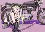  1girl bare_shoulders bell black_gloves black_thighhighs blonde_hair breasts brown_eyes cleavage elbow_gloves garter_straps gloves hair_bell hair_ornament highres looking_at_viewer maid_headdress motor_vehicle motorcycle original purple_background sakuma_masanori solo thighhighs tongue tongue_out twintails 