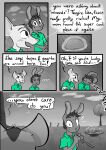  2023 absurd_res anthro beauchamp_(halcyon) clothed clothing comic dialogue digital_media_(artwork) duo english_text fur greyscale halcyon_(series) herba_(halcyon) hi_res lagomorph leporid lost_andsafe male mammal minerals monochrome mouse murid murine open_mouth playground rabbit rock rodent simple_background text 