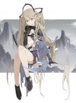  1girl absurdly_long_hair arknights asymmetrical_gloves belt_pouch black_footwear black_gloves black_socks blonde_hair blue_capelet bracelet breasts capelet choker dress flower full_body gloves hair_spread_out hand_on_own_chin head_tilt headgear highres indigo_(arknights) infection_monitor_(arknights) invisible_chair jewelry kamanberu_sando long_hair looking_at_viewer mismatched_gloves off_shoulder pointy_ears pouch purple_eyes shrug_(clothing) sitting small_breasts snake_tail socks solo tail test_tube very_long_hair wedge_heels white_dress white_flower 