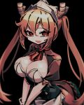  1girl :d allen_(makaroll) apron arched_back ascot black_background black_corset blonde_hair blurry breasts brown_skirt brown_sleeves cleavage collarbone commentary corset cosplay covered_collarbone dragon_girl dragon_horns dragon_tail fang gloves hair_between_eyes hair_ornament horns kobayashi-san_chi_no_maidragon large_breasts leaning_forward long_hair looking_at_viewer no_pupils open_mouth phantom_rose puffy_short_sleeves puffy_sleeves red_ascot red_eyes reina_(phantom_rose) reina_(phantom_rose)_(cosplay) short_sleeves shrug_(clothing) sidelocks simple_background skirt smile solo tail tohru_(maidragon) twintails upper_body v_arms very_long_hair waist_apron white_apron white_gloves 
