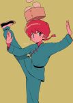  1girl black_footwear blue_eyes blush_stickers braid braided_ponytail dumpling food highres menma_(enaic31) open_mouth ranma-chan ranma_1/2 red_hair simple_background solo standing standing_on_one_leg 