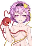  1girl akasaka_sato areola_slip breasts closed_mouth commentary_request hair_ornament hairband hand_up heart heart_hair_ornament highres holding komeiji_satori light_blush light_smile looking_at_viewer medium_breasts navel nude pink_hair purple_eyes red_eyes short_hair simple_background solo straight-on third_eye touhou upper_body white_background 