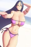  1girl ahire armlet armpits bikini blurry blurry_background blush breasts choker cleavage curvy eyepatch_bikini fate/grand_order fate_(series) grin highres holding_hands huge_breasts long_hair low-tied_long_hair lvl_(sentrythe2310) minamoto_no_raikou_(fate) minamoto_no_raikou_(swimsuit_lancer)_(fate) navel parted_bangs purple_bikini purple_eyes purple_hair side-tie_bikini_bottom smile solo_focus strapless strapless_bikini swimsuit thick_thighs thighs underboob very_long_hair water 