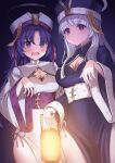  2girls absurdres black_dress blue_archive blush breasts cleavage cleavage_cutout closed_mouth clothing_cutout cowboy_shot dress grey_hair halo highres holding holding_lantern jiangshi_costume lantern large_breasts long_hair long_sleeves mechanical_halo multiple_girls noa_(blue_archive) ofuda open_mouth purple_eyes purple_hair smile two_side_up white_dress wide_sleeves yatumeshinoa yuuka_(blue_archive) 