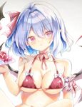  1girl artist_request bare_shoulders bat_wings bikini blush bow breasts collarbone hair_between_eyes hair_bow hand_on_own_stomach hand_up highres looking_at_viewer medium_breasts neck_ribbon open_mouth pink_eyes pointy_ears purple_hair red_bikini red_bow remilia_scarlet ribbon short_hair simple_background solo stomach swimsuit touhou upper_body white_background white_bow wings 