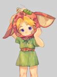  1boy animal_hat belt blonde_hair child closed_mouth cowboy_shot facing_viewer green_tunic grey_background hands_on_headwear hat highres link male_child male_focus olxexlo pig_hat short_hair simple_background solo the_legend_of_zelda tunic young_link 