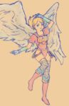 1girl angel_wings armor blonde_hair breath_of_fire breath_of_fire_i feathered_wings full_body gloves green_eyes hairband highres leotard looking_at_viewer lucky_nanaban nina_(breath_of_fire_i) red_leotard short_hair simple_background smile solo thighhighs white_wings wings 